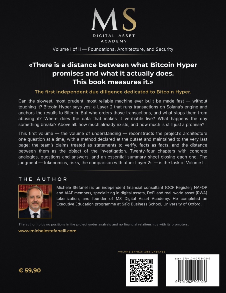 Michele Stefanelli की पुस्तक „Due Diligence of a Layer 2 – The Bitcoin Hyper Case, Volume I“ का पिछला आवरण